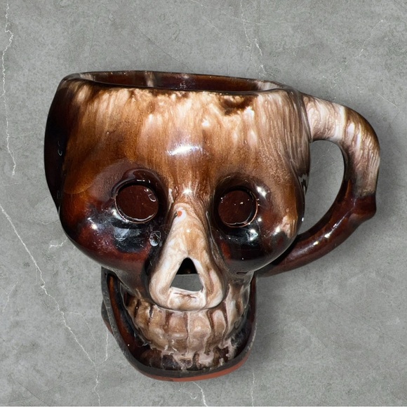 Vtg 1960s Hollow Ceramic Brown White Melt Molten Drip Glaze TIKI SKULL MUG Japan